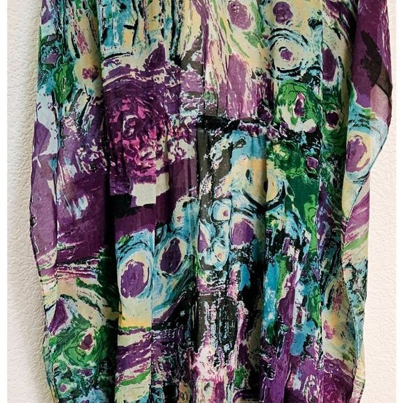 Tropical Kimono Multicolor Swim Cover Open Tie Front Duster One Size Fits Most - Picture 8 of 8